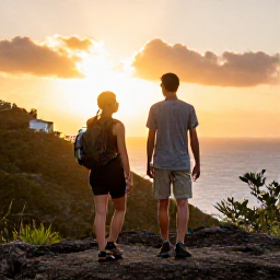 Caribbean Holidays, October Walking Holidays, A friendly couple enjoying a relaxed October walking holiday in Saint Barth&eacute;lemy, with hiking shoes, water bottles and a Caribbean sunset behind them