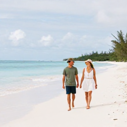 Caribbean Holidays, October Walking Holidays, A friendly couple relaxing after a coastal walk on a white-sand beach in the Turks and Caicos Islands, with calm sea and a casual island atmosphere