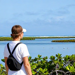 Caribbean Holidays, October Walking Holidays, A nature walker viewing wetlands and mangroves in the Turks and Caicos Islands, with wading birds and calm blue water