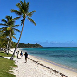 Caribbean Holidays, October Walking Holidays, A peaceful Saint Barth&eacute;lemy beach and coastal path in October, with palm trees, calm blue water and a small walking group exploring the shoreline