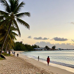 Caribbean Holidays, October Walking Holidays, A quiet Caribbean beach and coastal path at sunset, with walkers, palm trees, calm turquoise water and a small fishing village nearby