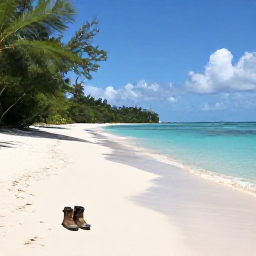 Caribbean Holidays, October Walking Holidays, A quiet sandy beach on St John with hiking boots beside the shore, tropical trees and calm turquoise Caribbean water in October