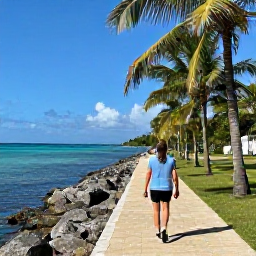 Caribbean Holidays, October Walking Holidays, A relaxed walker enjoying a coastal path beside turquoise Caribbean water and palms in the Dominican Republic