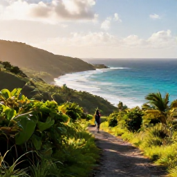 Caribbean Holidays, October Walking Holidays, A scenic Caribbean coastal walking trail in October, with green hills, turquoise sea, tropical vegetation and soft morning light