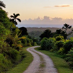 Caribbean Holidays, October Walking Holidays, A scenic walking trail through lush tropical hills in the Dominican Republic during October, with warm light and distant Caribbean scenery