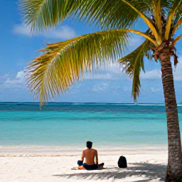 Caribbean Holidays, October Walking Holidays, A traveller resting at a quiet Caribbean beach after a morning walk, with palm trees, turquoise water and a small backpack