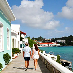 Caribbean Holidays, October Walking Holidays, A walker exploring historic streets and a harbour viewpoint in Charlotte Amalie, St Thomas, United States Virgin Islands, under a bright Caribbean sky