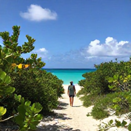 Caribbean Holidays, October Walking Holidays, A walker following a quiet sandy track through tropical scrub towards a bright turquoise lagoon on Providenciales