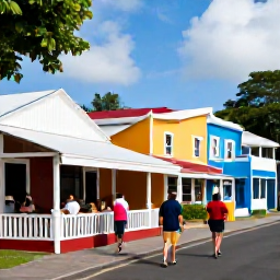 Caribbean Holidays, October Walking Holidays, Friendly Caribbean village with walkers enjoying a local caf&eacute; and colourful buildings in Saint Vincent and the Grenadines