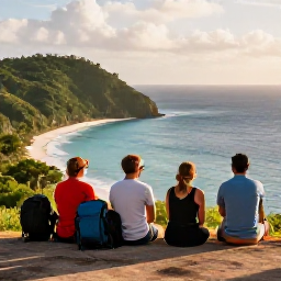 Caribbean Holidays, October Walking Holidays, Friendly Caribbean walking holiday travellers resting at a viewpoint above the sea, with backpacks, tropical hills and warm afternoon light