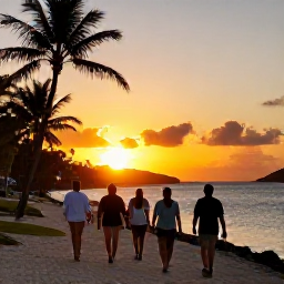 Caribbean Holidays, October Walking Holidays, Friendly travellers enjoying a sunset walk along a Caribbean beach on Sint Maarten, with palm trees and a golden sky
