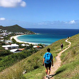 Caribbean Holidays, October Walking Holidays, Hiker following a green hillside path above the Caribbean coastline in Saint Martin, with views towards quiet bays