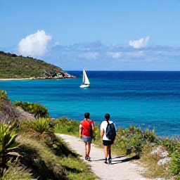 Caribbean Holidays, October Walking Holidays, Hikers on a coastal path above bright blue Caribbean water with small sailing boats near Virgin Gorda