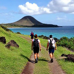 Caribbean Holidays, October Walking Holidays, Hikers walking along a green coastal trail on Saint Kitts with volcanic hills and blue Caribbean water in the distance