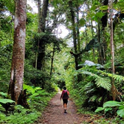 Caribbean Holidays, October Walking Holidays, Hikers walking beneath towering rainforest trees in the Main Ridge Forest Reserve on Tobago, with a clear, green trail and tropical foliage