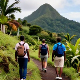 Caribbean Holidays, October Walking Holidays, Hikers walking through a lush tropical trail on Saint Vincent in October, with green hills, palms and soft Caribbean light