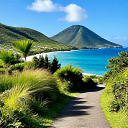 Caribbean Holidays, October Walking Holidays, Scenic coastal walking trail on Saint Martin in October, with turquoise sea, green hills and warm Caribbean sunlight