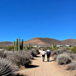Caribbean Holidays, October Walking Holidays, Walkers exploring a dry Cura&ccedil;ao nature trail through cacti and scrub, with distant hills and a deep blue sky