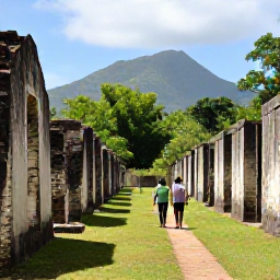 Caribbean Holidays, October Walking Holidays, Walkers exploring a historic sugar estate trail on Saint Kitts, with old stone ruins, tropical vegetation and mountain views