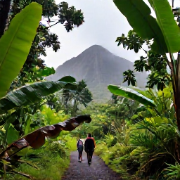 Caribbean Holidays, October Walking Holidays, Walkers exploring a lush Caribbean rainforest trail with broad leaves, volcanic mountains and filtered sunlight after a light shower