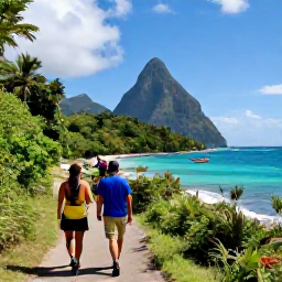 Caribbean Holidays, October Walking Holidays, Walkers following a coastal trail above a turquoise bay in Saint Lucia with fishing boats below