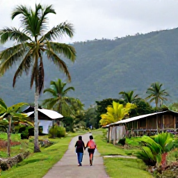 Caribbean Holidays, October Walking Holidays, Walkers following a rural path beside palm trees, small farms and bright green mountains in the Dominican Republic