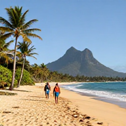 Caribbean Holidays, October Walking Holidays, Walkers on a peaceful coastal path on Nevis with golden sand, palm trees and Nevis Peak in the background