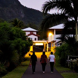 Caribbean Holidays, October Walking, Relaxed walkers enjoying a quiet Montserrat village evening after a day on the trails, with warm light and tropical greenery