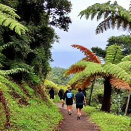 Caribbean Holidays, October Walking, Walkers on a forest path in Montserrat with tropical plants, ferns and distant coastal views