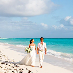 Caribbean Holidays, October Weddings, A happy wedding couple walking along a sunlit Aruba beach in October, with turquoise sea, white sand and soft tropical clouds