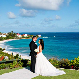 Caribbean Holidays, October Weddings, A newly married couple exploring a scenic Caribbean viewpoint above the coastline of Saint Martin and Sint Maarten