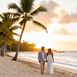 Caribbean Holidays, October Weddings, A newly married couple walking along a palm-fringed Dominican Republic beach at sunset in October