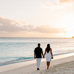 Caribbean Holidays, October Weddings, A newlywed couple walking along a quiet Caribbean beach in Saint Martin and Sint Maarten at sunset, with calm turquoise water and soft golden light