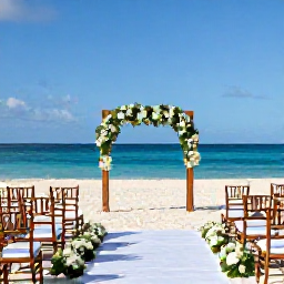 Caribbean Holidays, October Weddings, An elegant beachfront wedding ceremony in Aruba, decorated with simple white flowers, wooden chairs and views of the Caribbean Sea