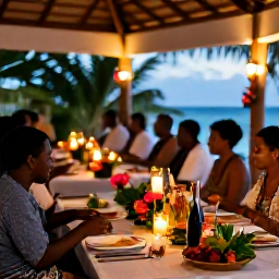 Caribbean Holidays, October Weddings, Barbados wedding reception in October on a shaded terrace, tropical flowers, candlelit tables, local food and guests enjoying dinner
