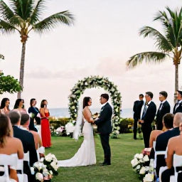 Caribbean Holidays, October Weddings, Bride and groom enjoying a tropical Dominican Republic resort garden wedding with guests and palm trees