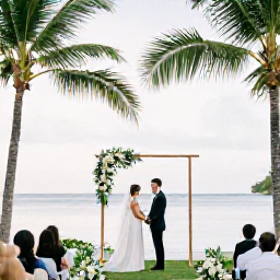 Caribbean Holidays, October Weddings, Bride and groom exchanging vows at a beautiful Saint Lucia beach wedding in October, with palm trees, calm sea and elegant tropical details