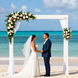 Caribbean Holidays, October Weddings, Bride and groom exchanging vows on a sunny Saint Barth&eacute;lemy beach in October, with turquoise water and elegant tropical wedding details