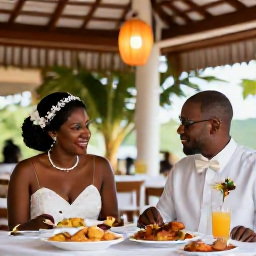 Caribbean Holidays, October Weddings, Bride and groom sharing a Creole wedding meal at an outdoor restaurant in Martinique, with tropical dishes and lanterns