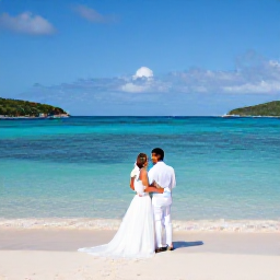 Caribbean Holidays, October Weddings, Bride and groom standing beside a turquoise Caribbean sea on a sunny British Virgin Islands beach in October