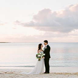 Caribbean Holidays, October Weddings, Bride and groom standing on a quiet white-sand beach in Turks and Caicos at sunset, with calm turquoise water and simple wedding flowers
