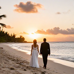 Caribbean Holidays, October Weddings, Bride and groom walking along a quiet Antigua beach at sunset in October