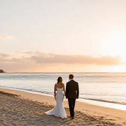 Caribbean Holidays, October Weddings, Bride and groom walking along a quiet Caribbean beach at sunset in October, with soft golden light and calm sea
