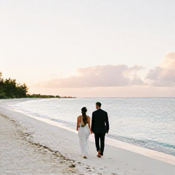 Caribbean Holidays, October Weddings, Bride and groom walking along a quiet white-sand beach in The Bahamas at sunset, with calm turquoise water and soft tropical light