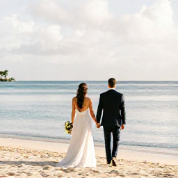 Caribbean Holidays, October Weddings, Bride and groom walking hand in hand beside a calm Caribbean beach in Saint Kitts during a warm October afternoon