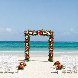 Caribbean Holidays, October Weddings, Elegant beach wedding ceremony in Punta Cana with white chairs, tropical flowers and turquoise sea