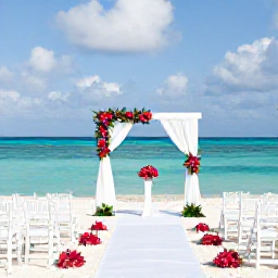Caribbean Holidays, October Weddings, Elegant beach wedding ceremony in The Bahamas with white chairs, tropical flowers and turquoise sea in the background