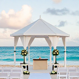 Caribbean Holidays, October Weddings, Elegant beach wedding in Barbados in October, with a small ceremony beneath a white gazebo, turquoise sea and soft afternoon light
