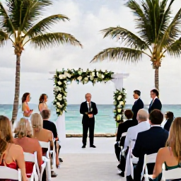 Caribbean Holidays, October Weddings, Elegant beachfront wedding ceremony beneath a simple white canopy, with palm trees, turquoise sea and guests in smart summer clothing