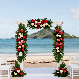 Caribbean Holidays, October Weddings, Elegant beachfront wedding ceremony with white chairs, tropical flowers and green volcanic hills on Saint Kitts
